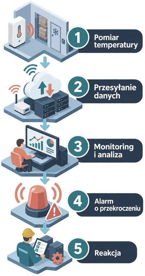 Etapy działania systemu: pomiar temperatury, przesyłanie danych, monitoring i analiza, alarm o przekroczeniu oraz reakcja.